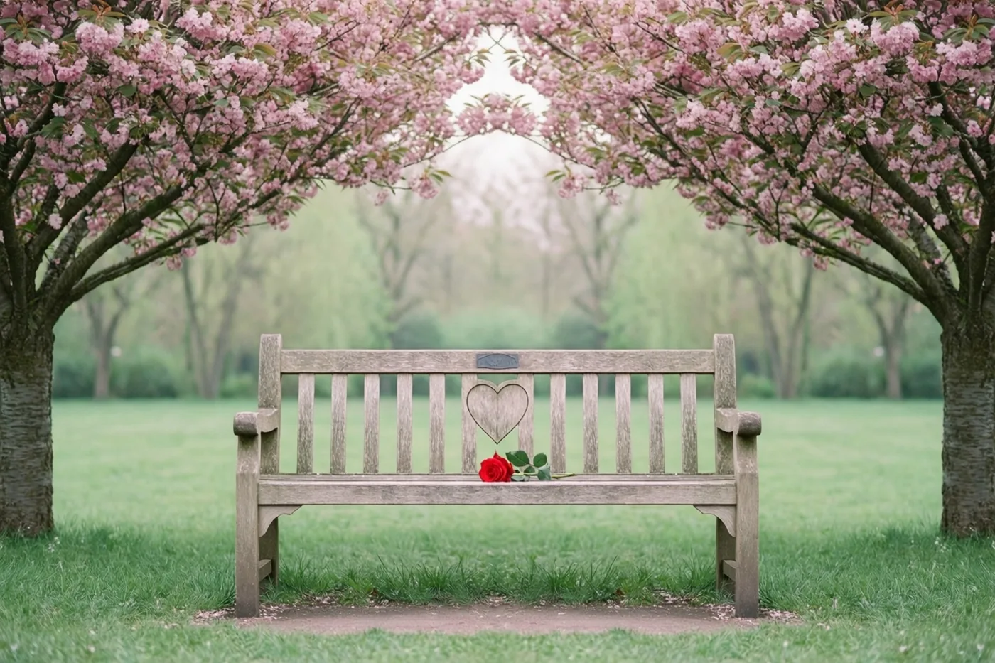 Een houten bank met een hartvormig snijwerk en een rode roos op de zitting staat onder roze kersenbloesems in een groen park met een onscherpe achtergrond.