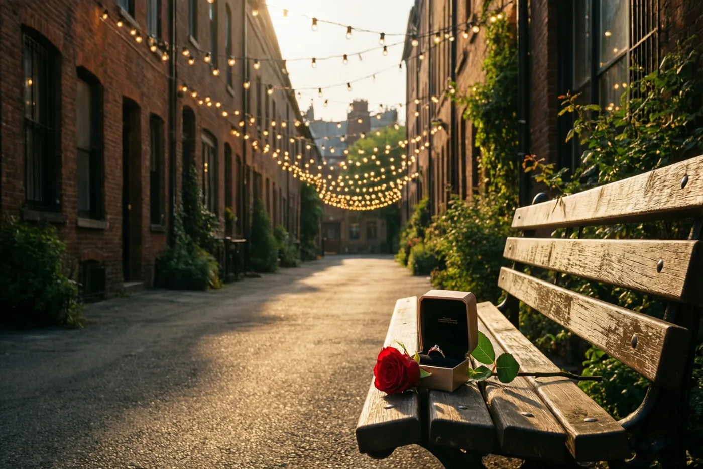 Een houten bank met een ringdoosje en een rode roos staat tussen bakstenen gebouwen onder lichtslingers bij zonsondergang.