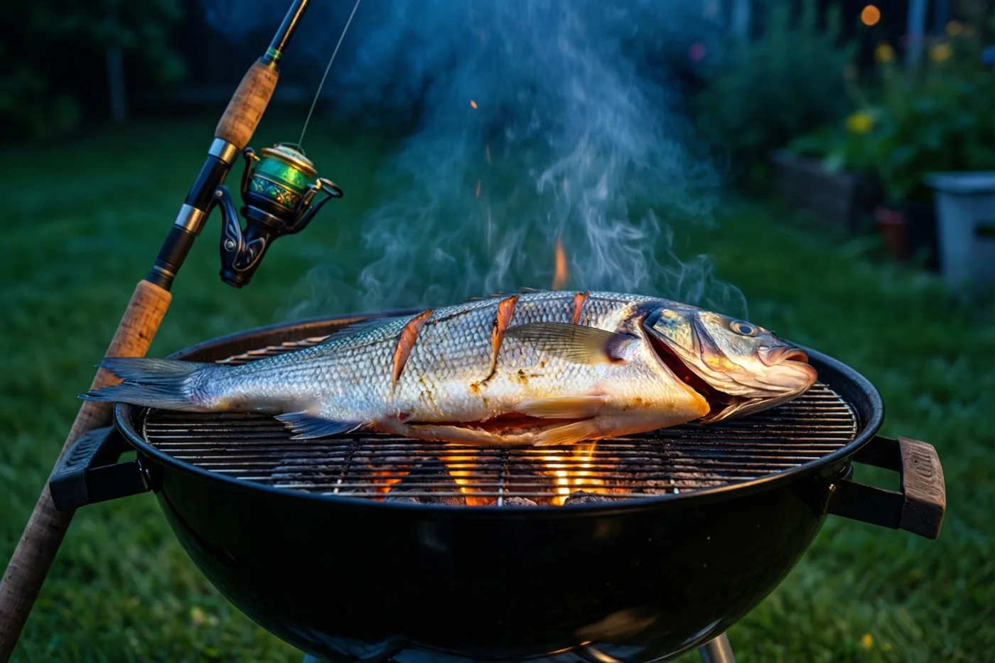 Een hele vis ligt op een zwarte houtskoolbarbecue met rook boven de kolen en een hengel ertegen, voor een onscherp groen gazon.