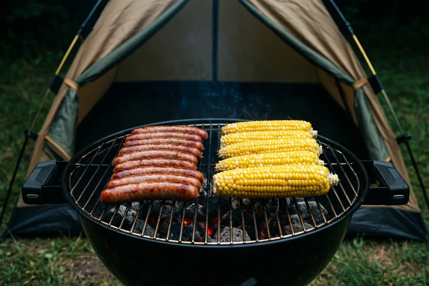 Worstjes en maïskolven liggen op een zwarte barbecue op het gras voor een beige tent.