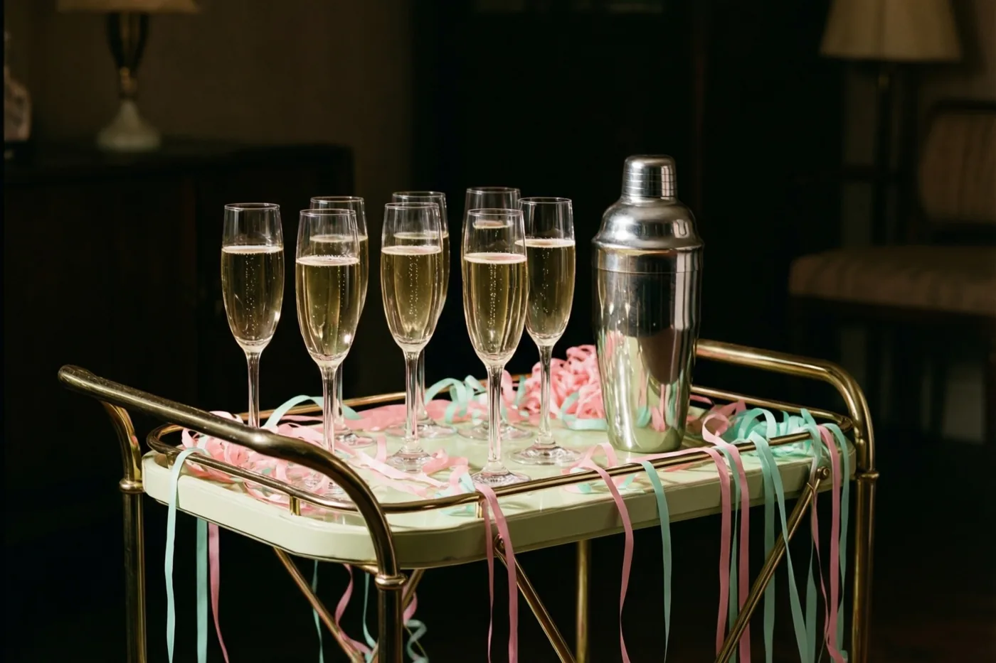 Een barwagentje in jarenzestigstijl draagt champagnecoupes met bubbels, een zilverkleurige cocktailshaker en roze en mintgroene slingers in een schemerige kamer met warme tinten.