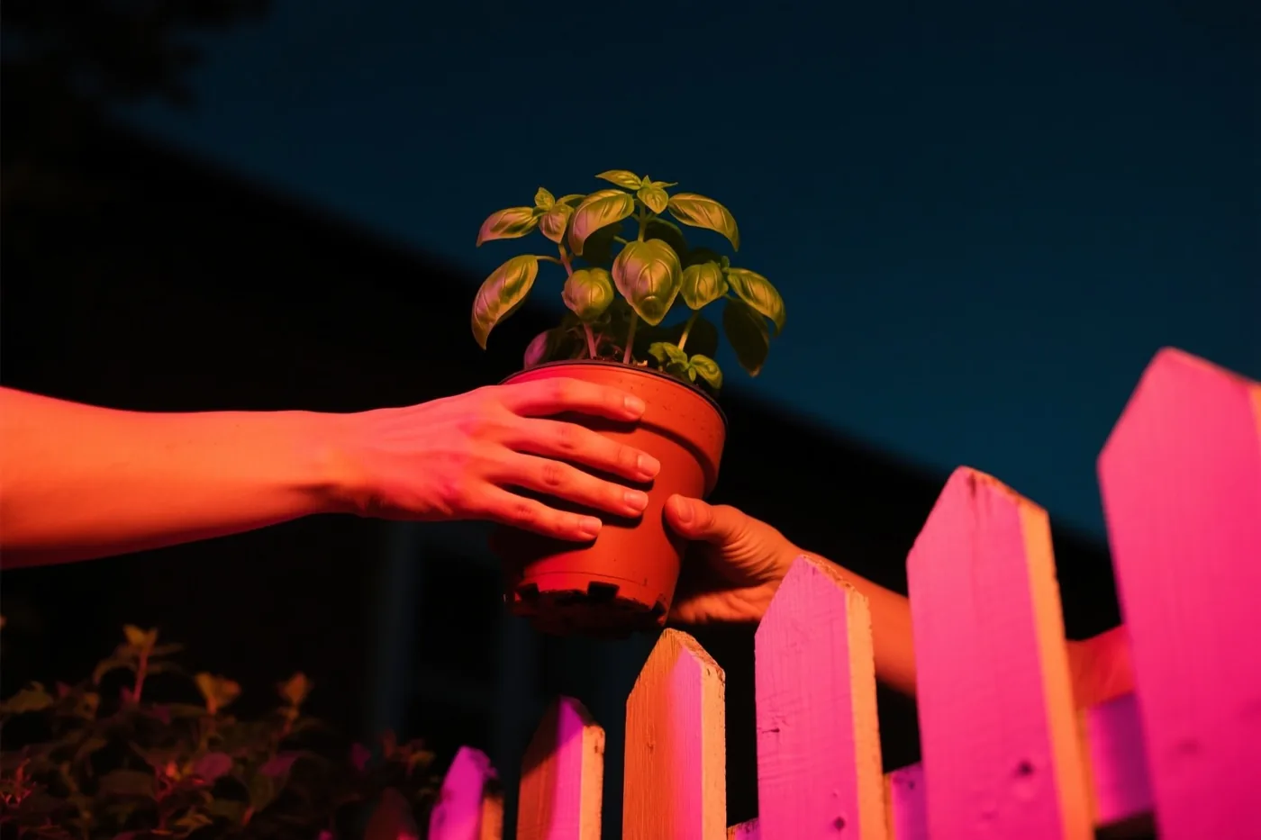 Twee handen geven 's nachts een pot basilicum door boven een laag tuinhek, in rood en roze licht onder een donkerblauwe hemel.