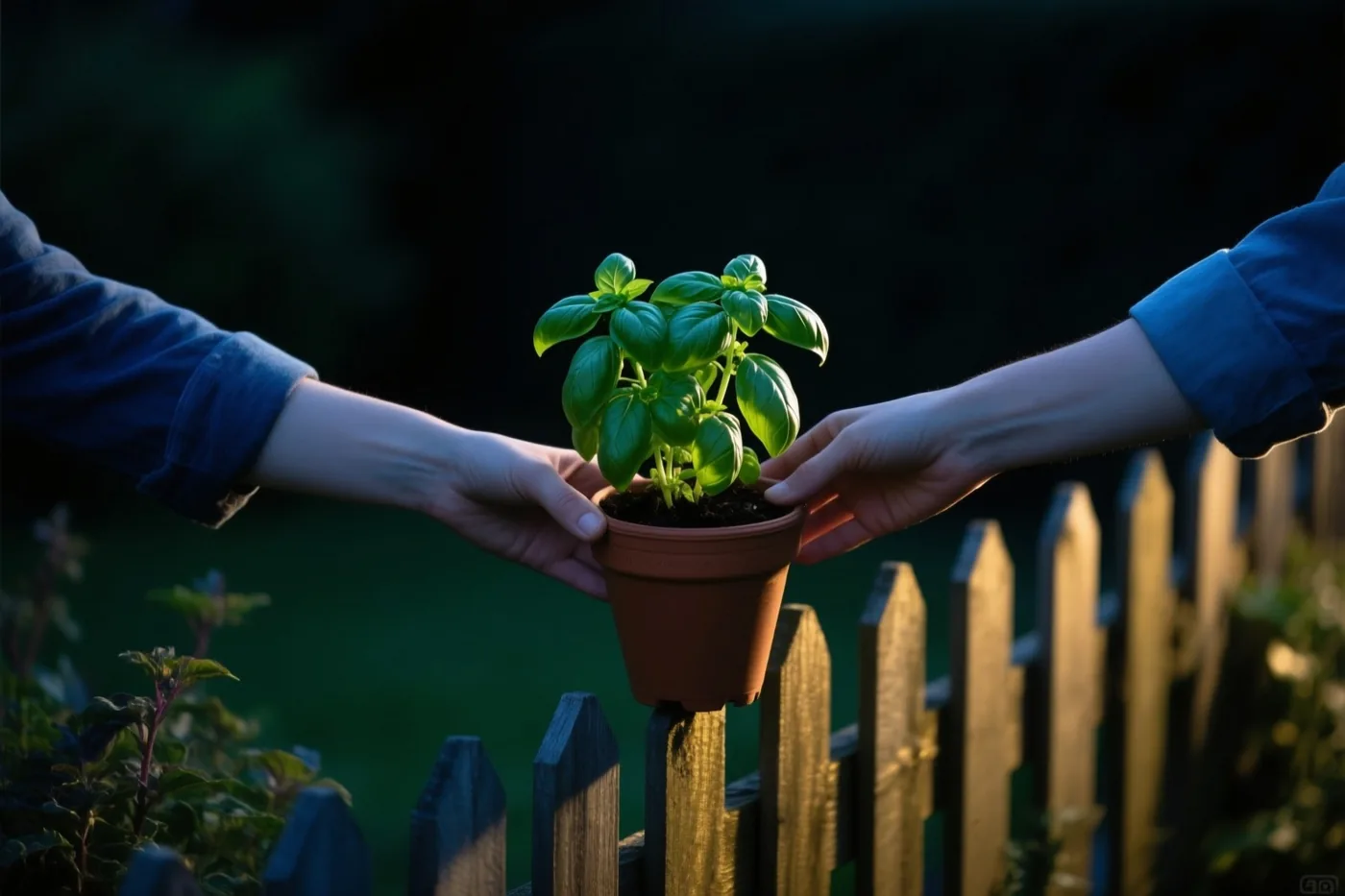 Twee handen met blauwe mouwen geven een bruine pot basilicum door boven een houten tuinhek in zacht licht.