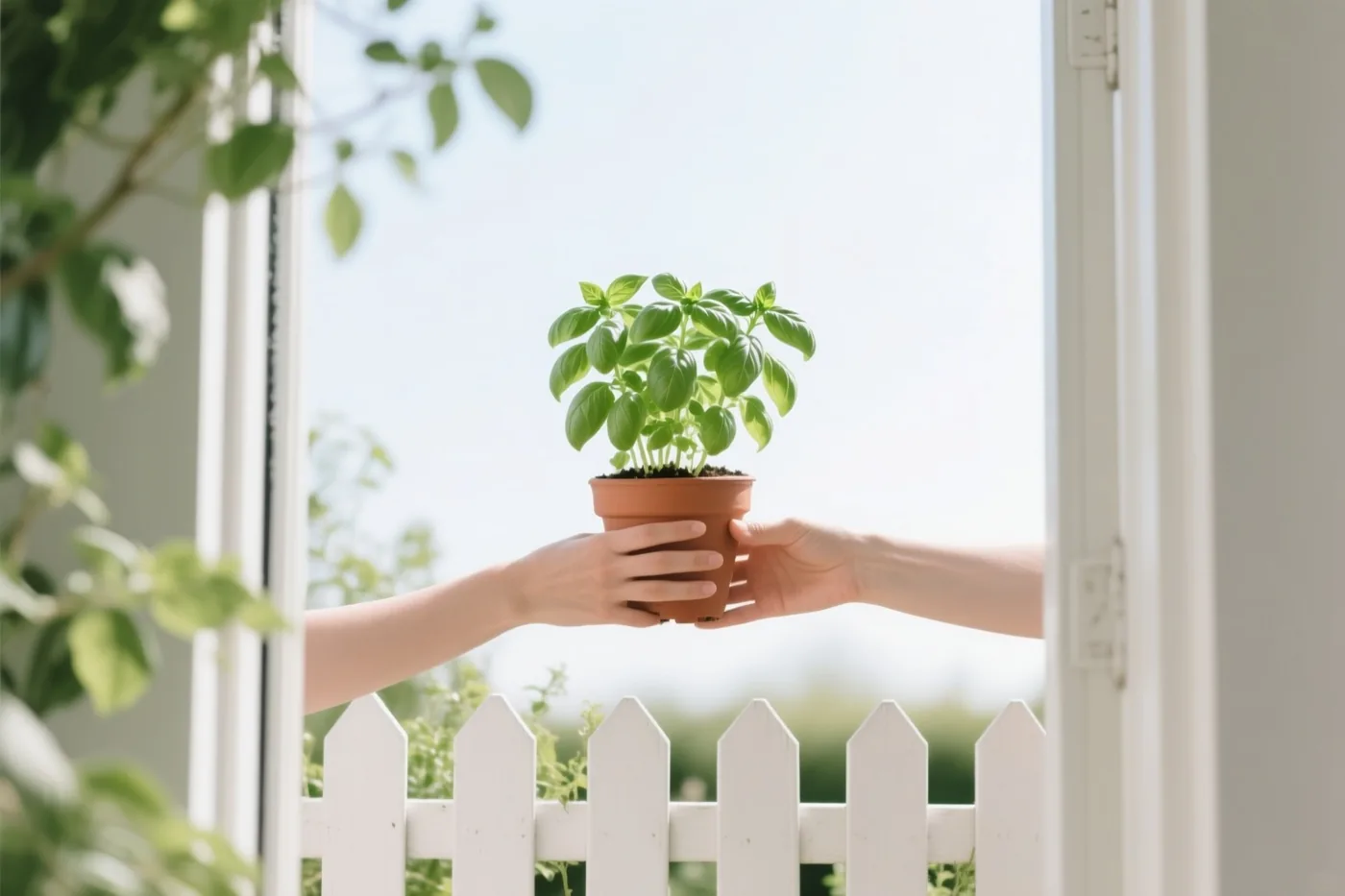 Door een open raam zijn twee handen te zien die een pot basilicum doorgeven boven een wit tuinhek.