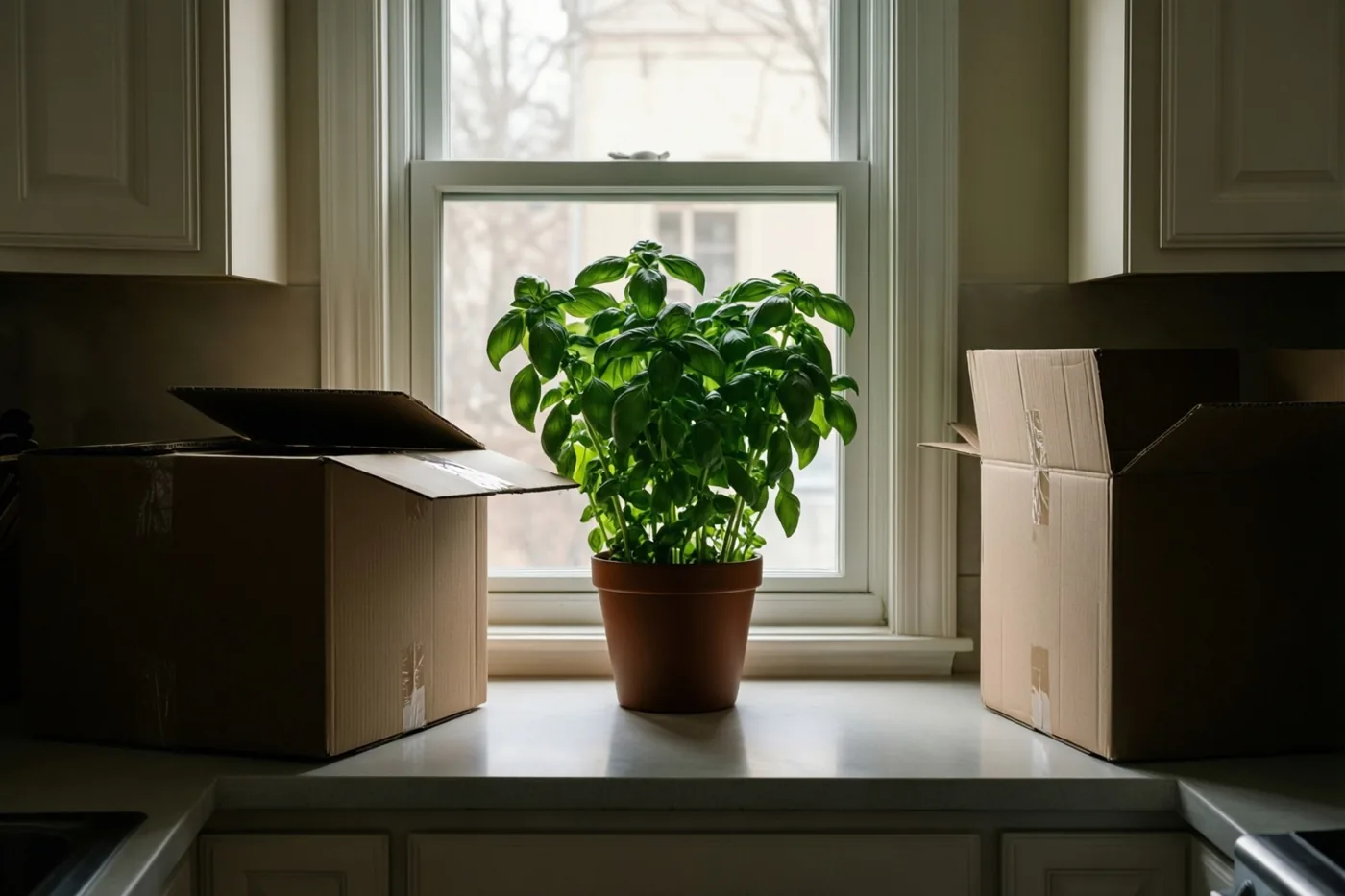 Een basilicumplant staat op een keukenvensterbank, met aan weerszijden een open verhuisdoos op het werkblad en witte keukenkasten eronder.