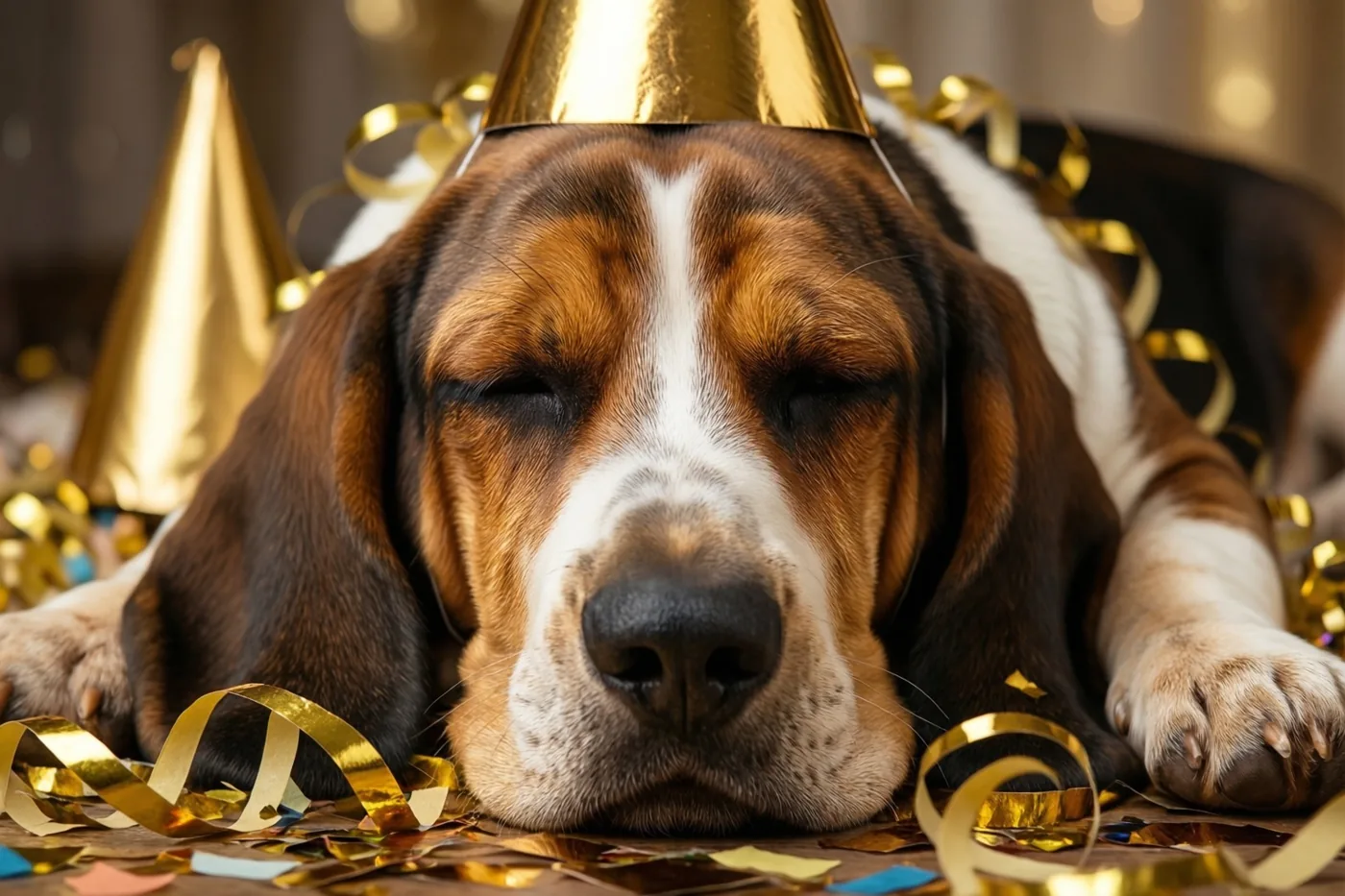 Een slapende basset met een gouden feesthoedje ligt op gouden slingers in warm licht.
