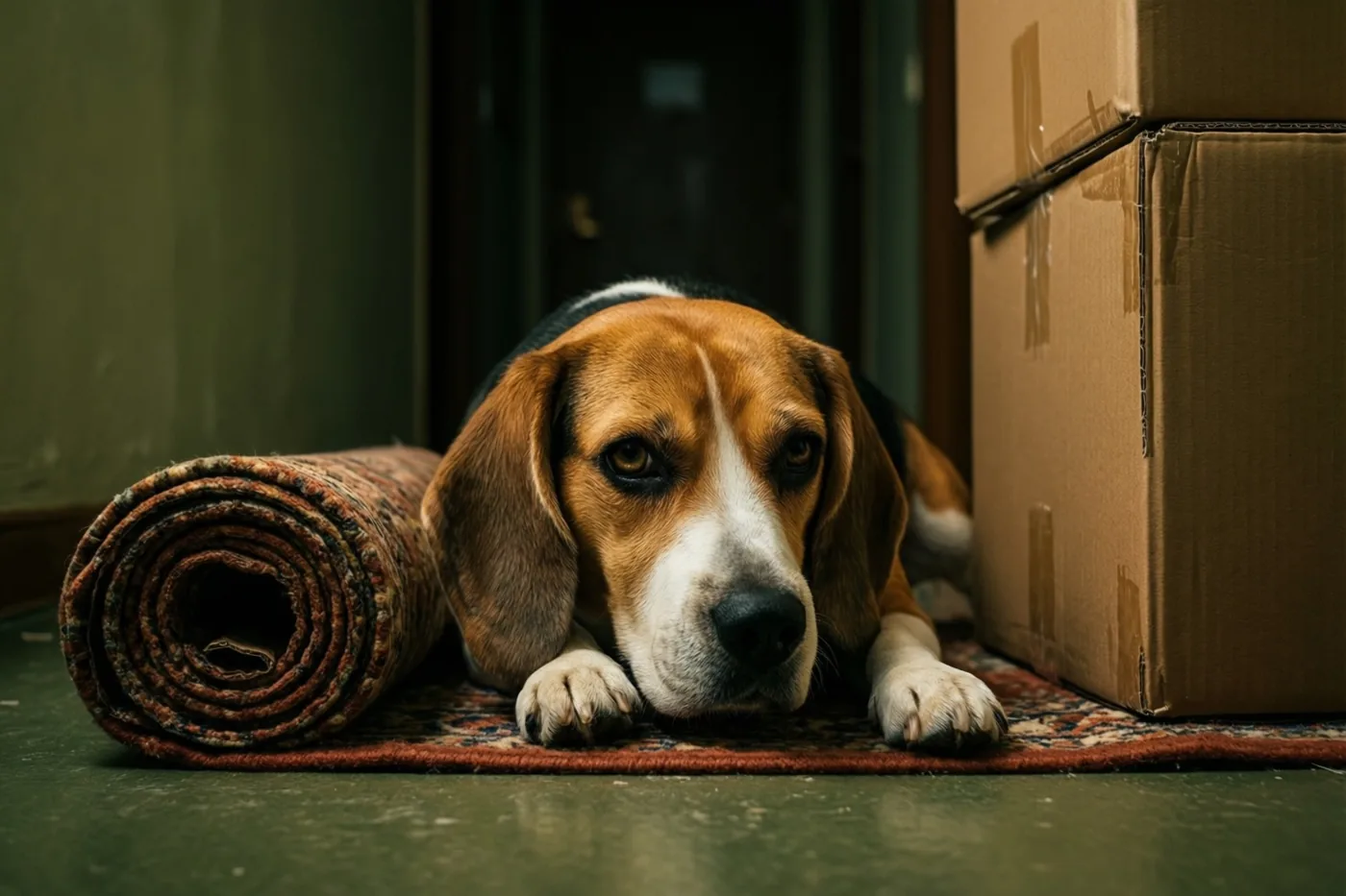 Een beagle ligt op een opgerold tapijt naast gestapelde kartonnen verhuisdozen in een kale gang met gedempt warm licht.
