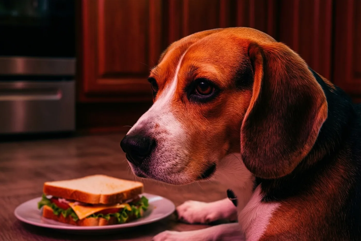 Een beagle zit op een houten keukenvloer en kijkt weg van een belegde boterham op een bord, in warm roodachtig licht.