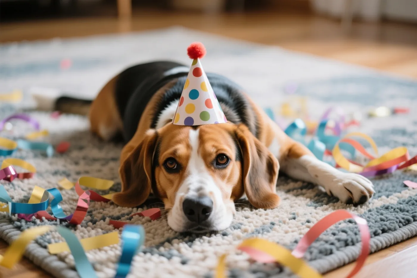 Een beagle met een kleurrijk gestippeld feesthoedje ligt binnen op een tapijt met een patroon, tussen verspreide slingers in warm licht.