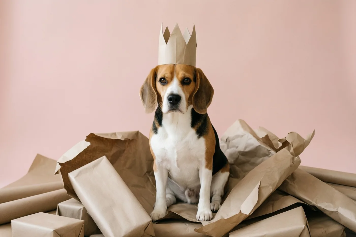 Een beagle met een papieren kroon zit rechtop tussen verfrommeld bruin inpakpapier tegen een effen roze achtergrond.