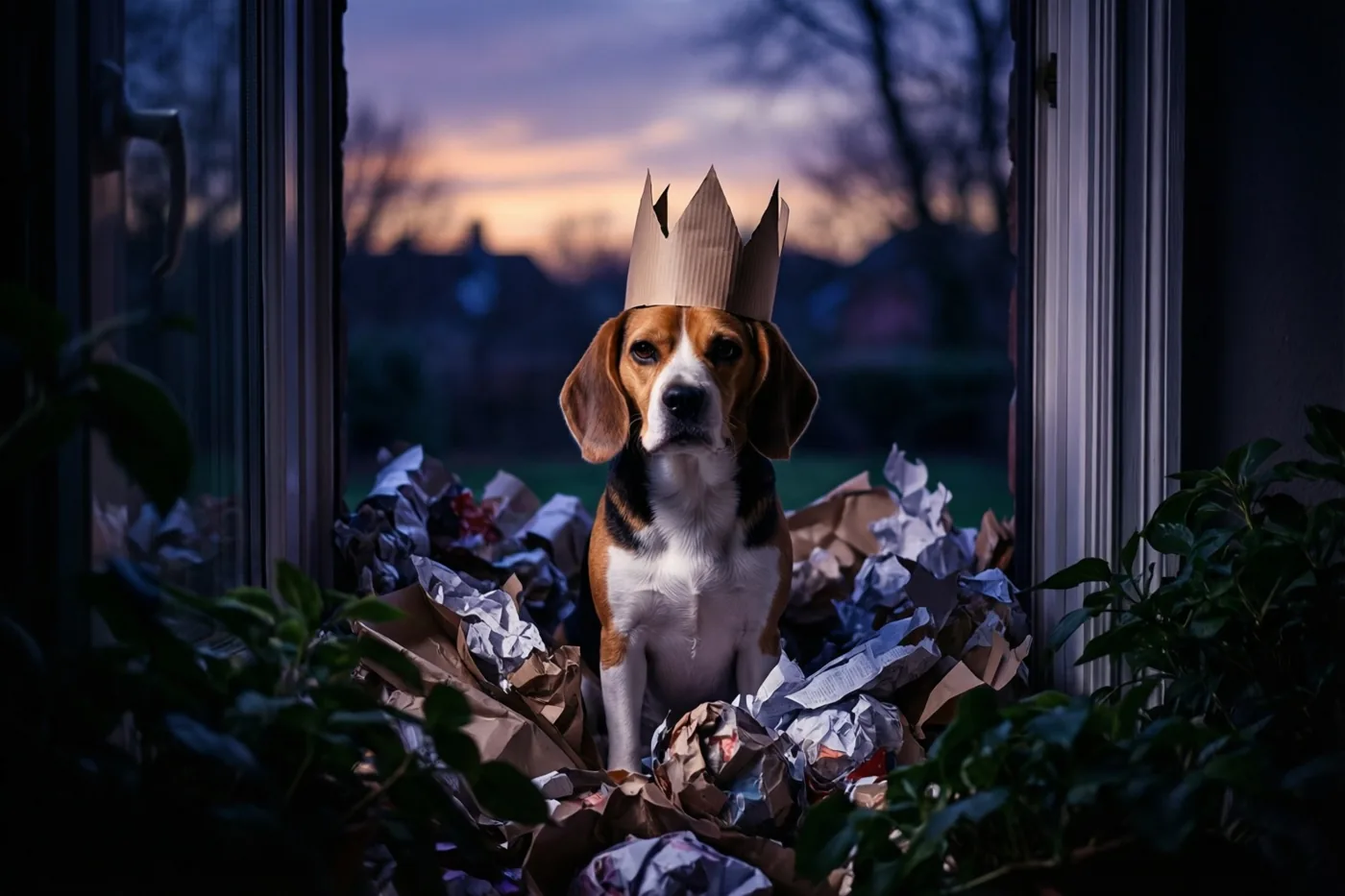 Een beagle met een papieren mijter zit tussen gescheurd inpakpapier in een deuropening en kijkt naar de schemerlucht, omringd door donkere raamkozijnen en groene planten.