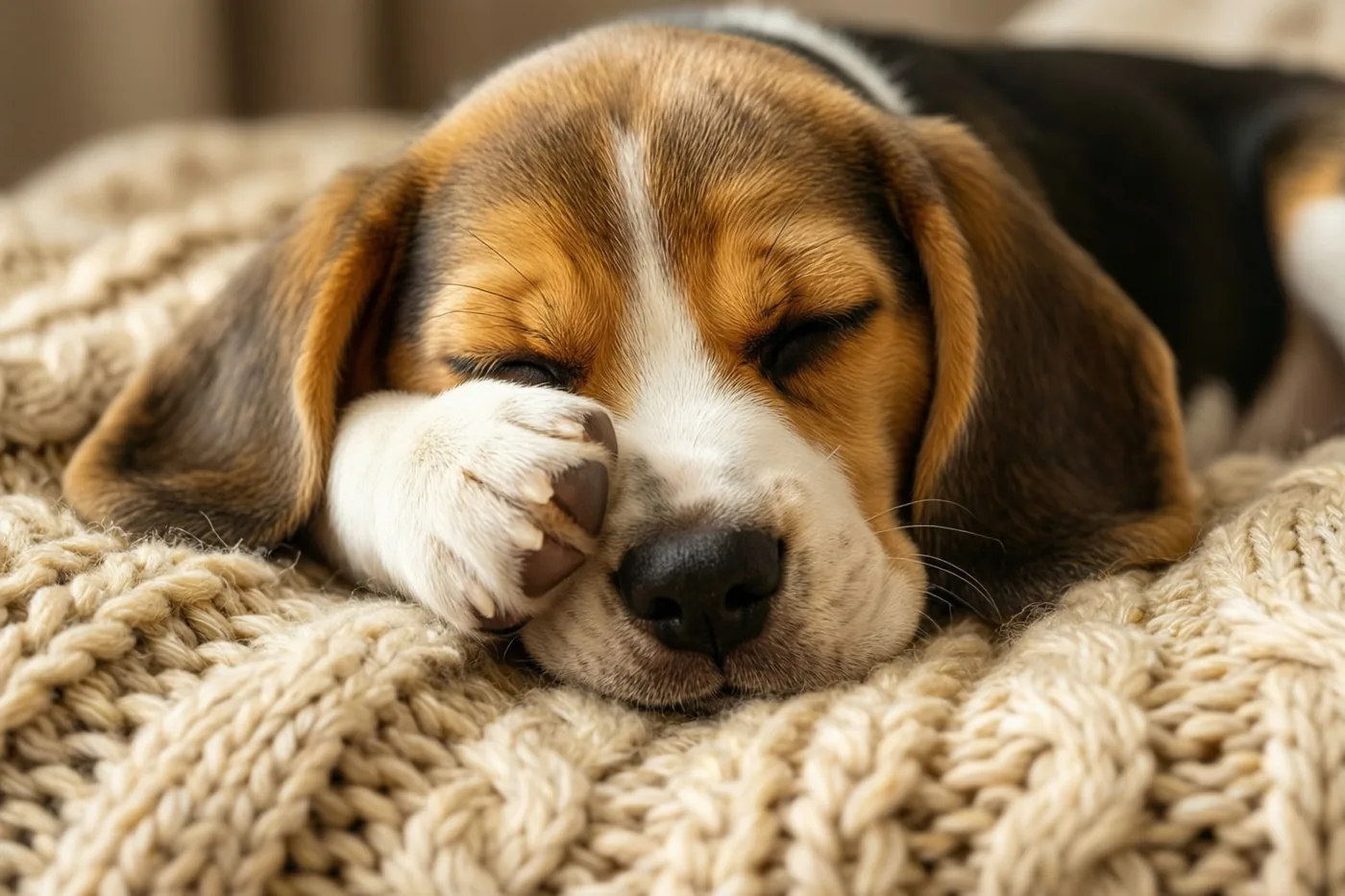 Een beaglepuppy slaapt op een dikke grofgebreide deken met één poot over zijn neus, in warme bruine, witte en beige tinten.