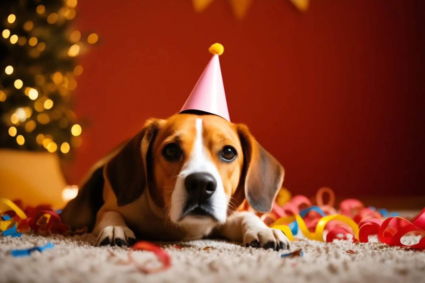Een beagle met een roze feesthoedje ligt op een beige tapijt tussen kleurrijke slingers, met een rode muur en een onscherpe verlichte kerstboom op de achtergrond.