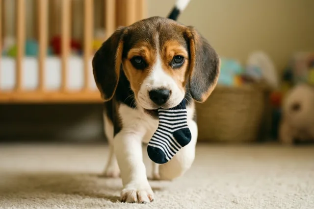 De puppy helpt al mee