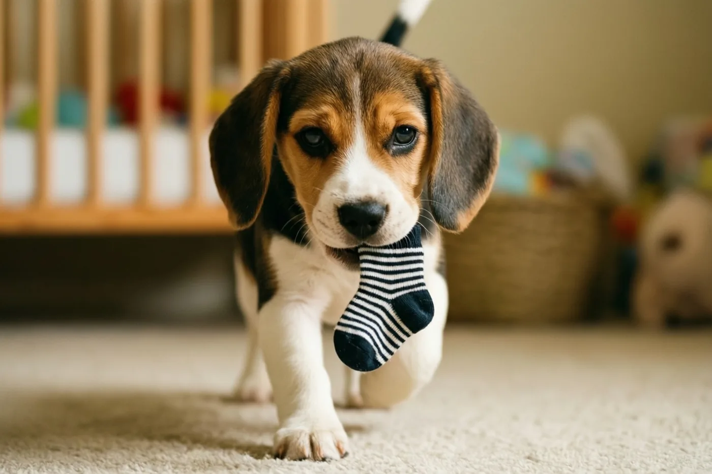 Een beaglepuppy draaft met een klein zwart-witgestreept sokje in zijn bek over het tapijt in een babykamer met een houten bedje en knuffels.
