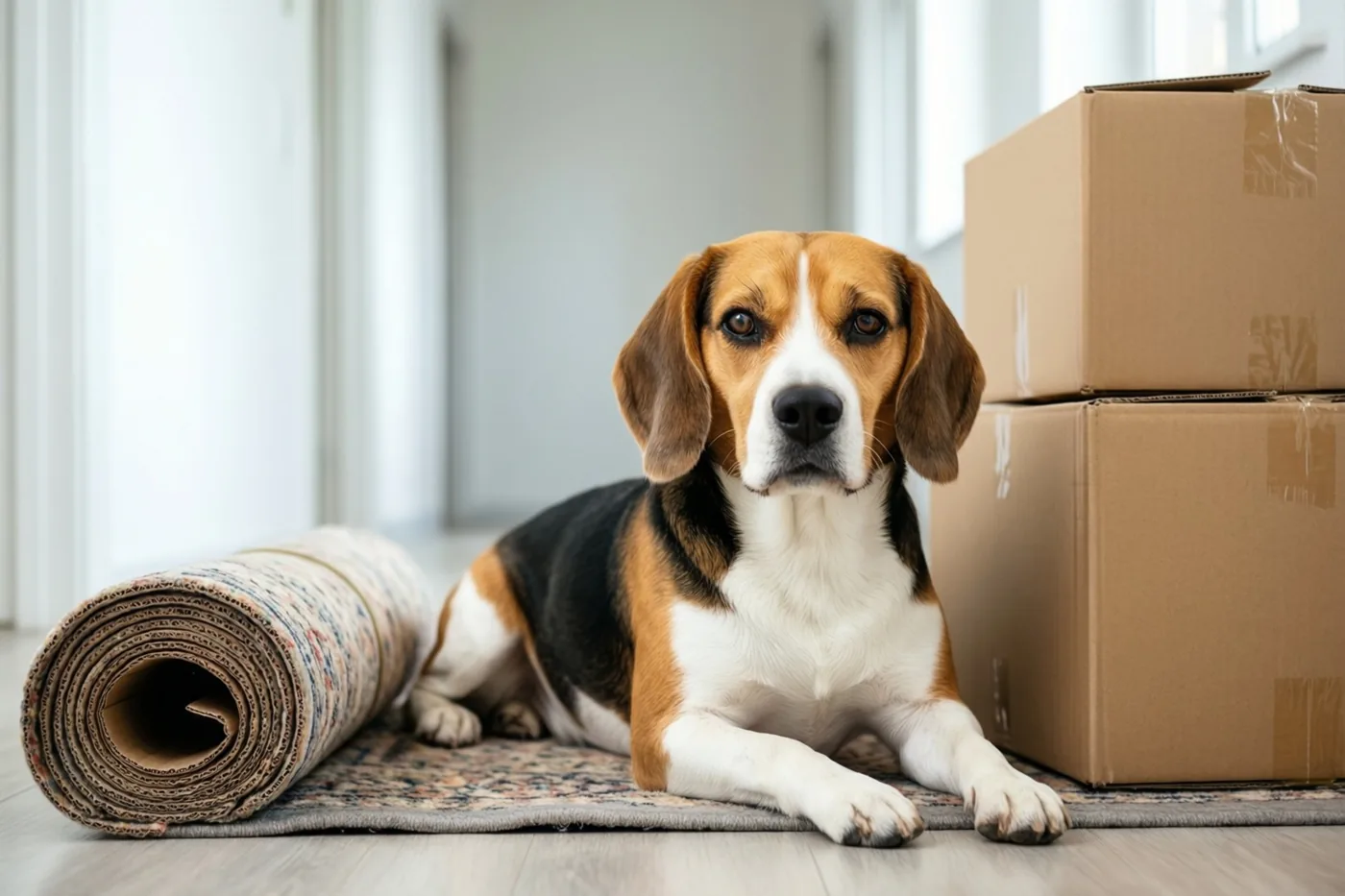 Een beagle ligt op een deels uitgerold tapijt naast gestapelde verhuisdozen in een kale gang met natuurlijk licht en bruine, witte en beige tinten.