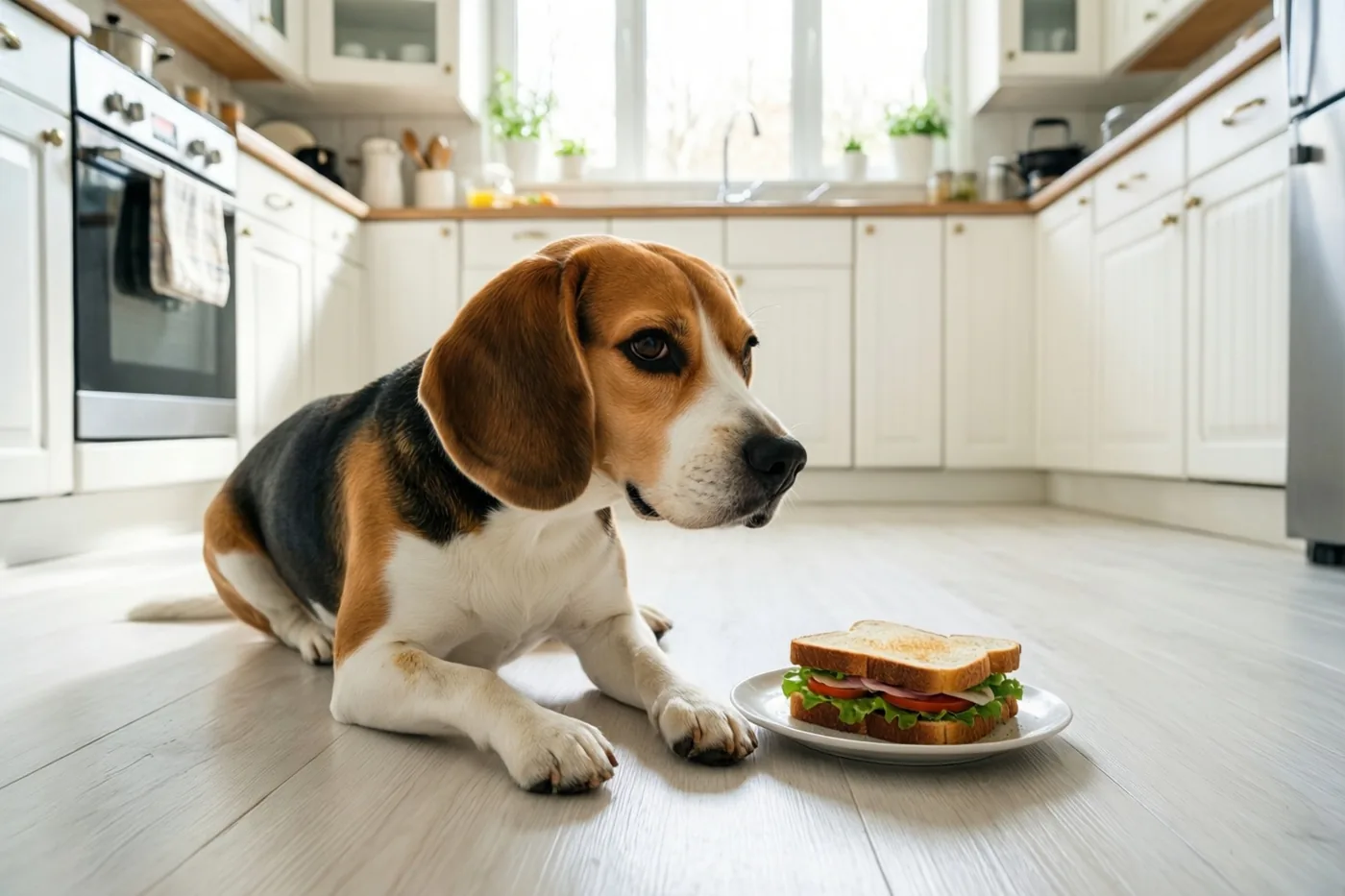 Een beagle ligt op een lichte houten keukenvloer en kijkt weg van een belegde boterham op een wit bord, in een lichte keuken met witte kasten.