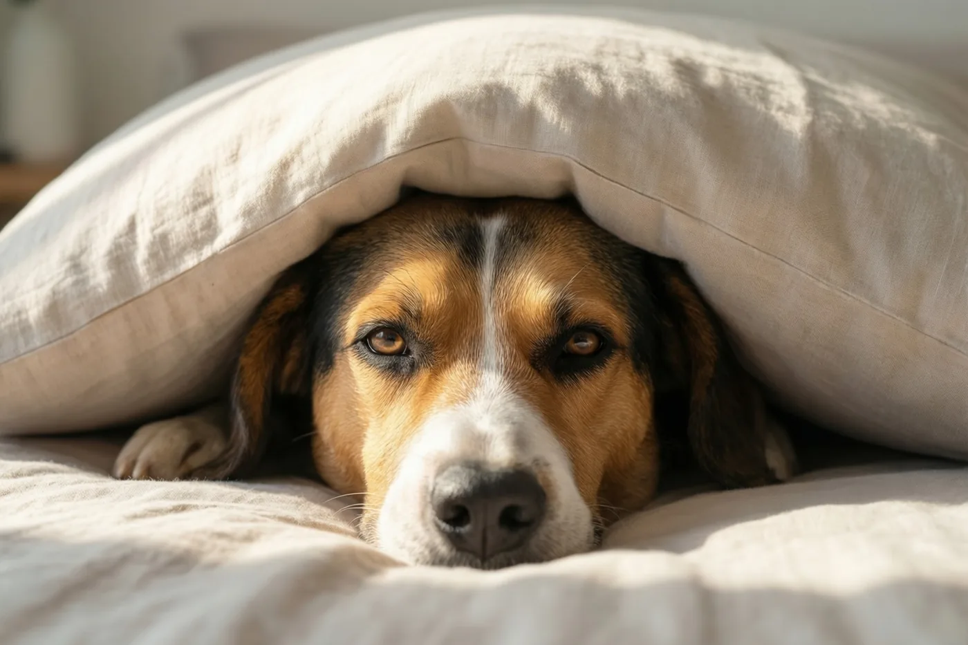 Een driekleurige beagle steekt zijn kop vanonder een groot beige kussen op een bed in zacht ochtendlicht.