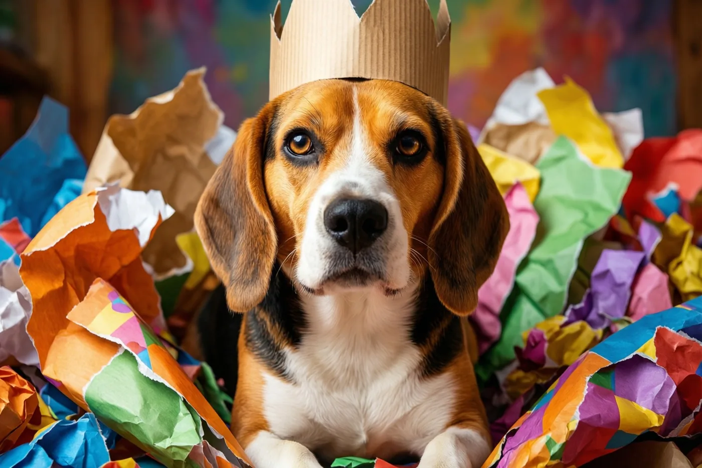 Een beagle met een kartonnen kroon zit tussen kleurrijk gescheurd inpakpapier in warme tinten.