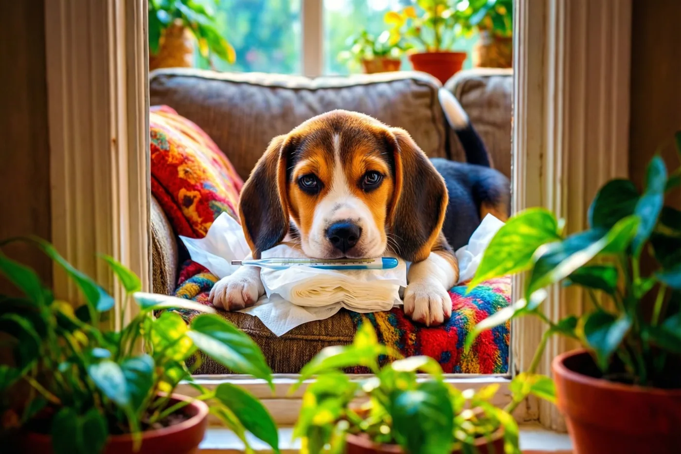 Door een raam met potplanten op de voorgrond is een beaglepup te zien die zijn kin op een thermometer op een stapeltje zakdoekjes legt, op een kleurrijke deken in de zetel.