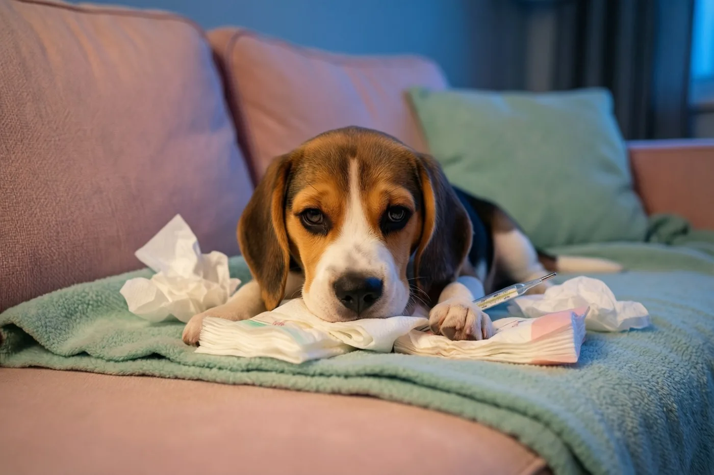 Een beaglepup rust met zijn kin op een thermometer tussen verfrommelde zakdoekjes, op een groene deken over een zetel.