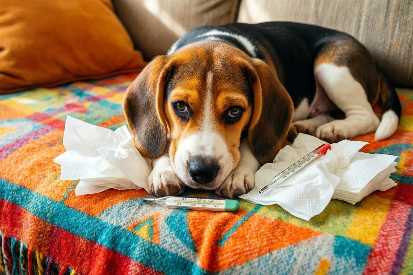 Een beaglepup rust met zijn kin op een kleurrijke deken in de zetel, omringd door verfrommelde zakdoekjes en twee thermometers.