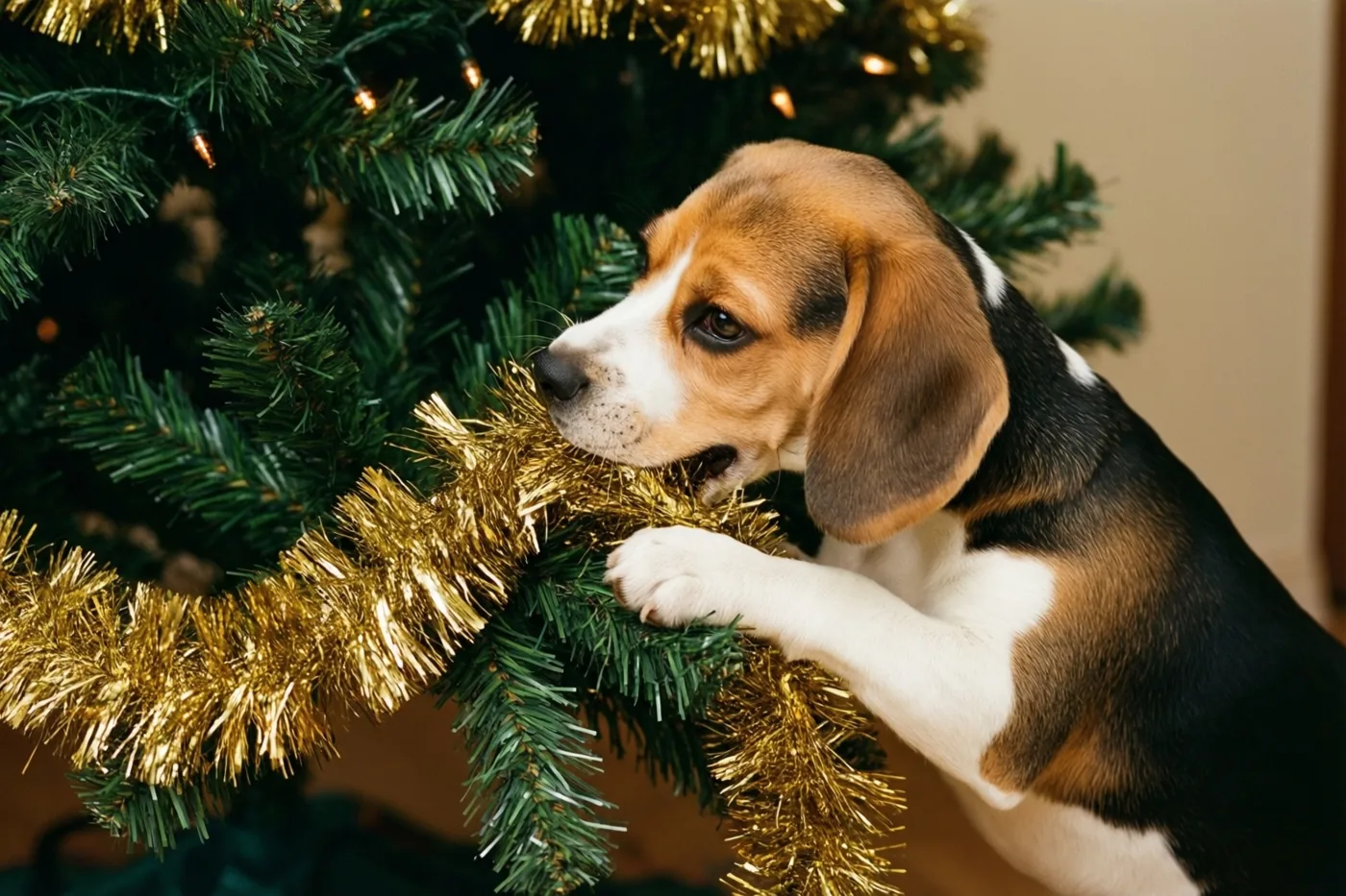 Een beaglepuppy trekt aan een gouden slinger op de onderste tak van een versierde kerstboom in warm licht.