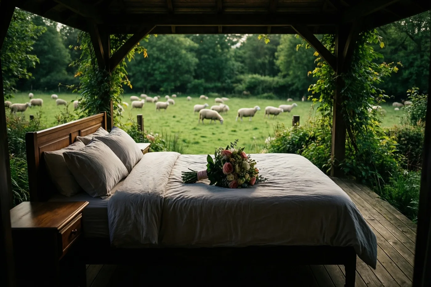 Een bed met een grijs dekbed, kussens en een boeket staat op een houten veranda met uitzicht op een groene weide met grazende schapen.