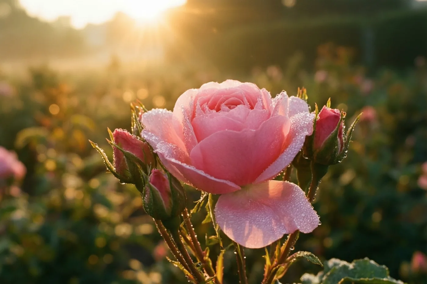 Een roze roos vol dauw is van dichtbij te zien in het warme licht van de opkomende zon met wazig groen gebladerte op de achtergrond.
