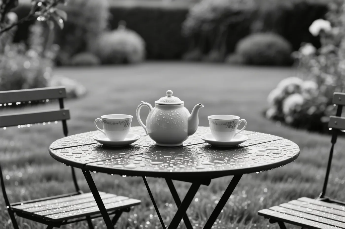 Een zwart-witfoto toont een ronde tuintafel met een theepot en twee kopjes, allemaal bedekt met dauwdruppels, op een grasveld.