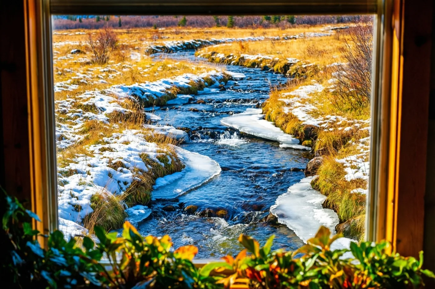 Door een houten raam is een kronkelende beek in een besneeuwde weide te zien, met ijs langs de oevers en gouden grassen in warm zonlicht.