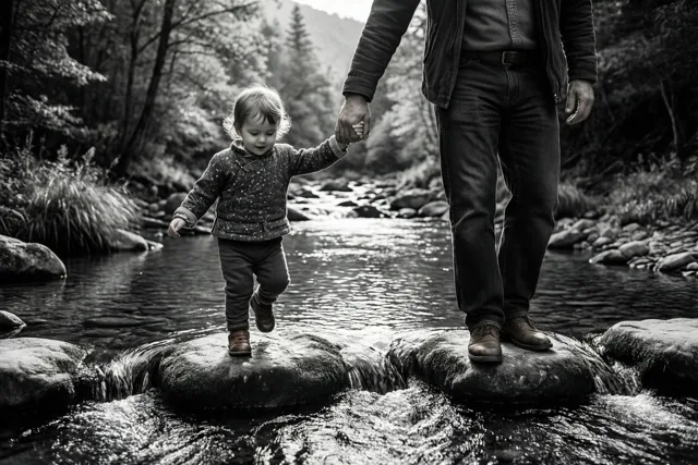 Met papa over de stenen