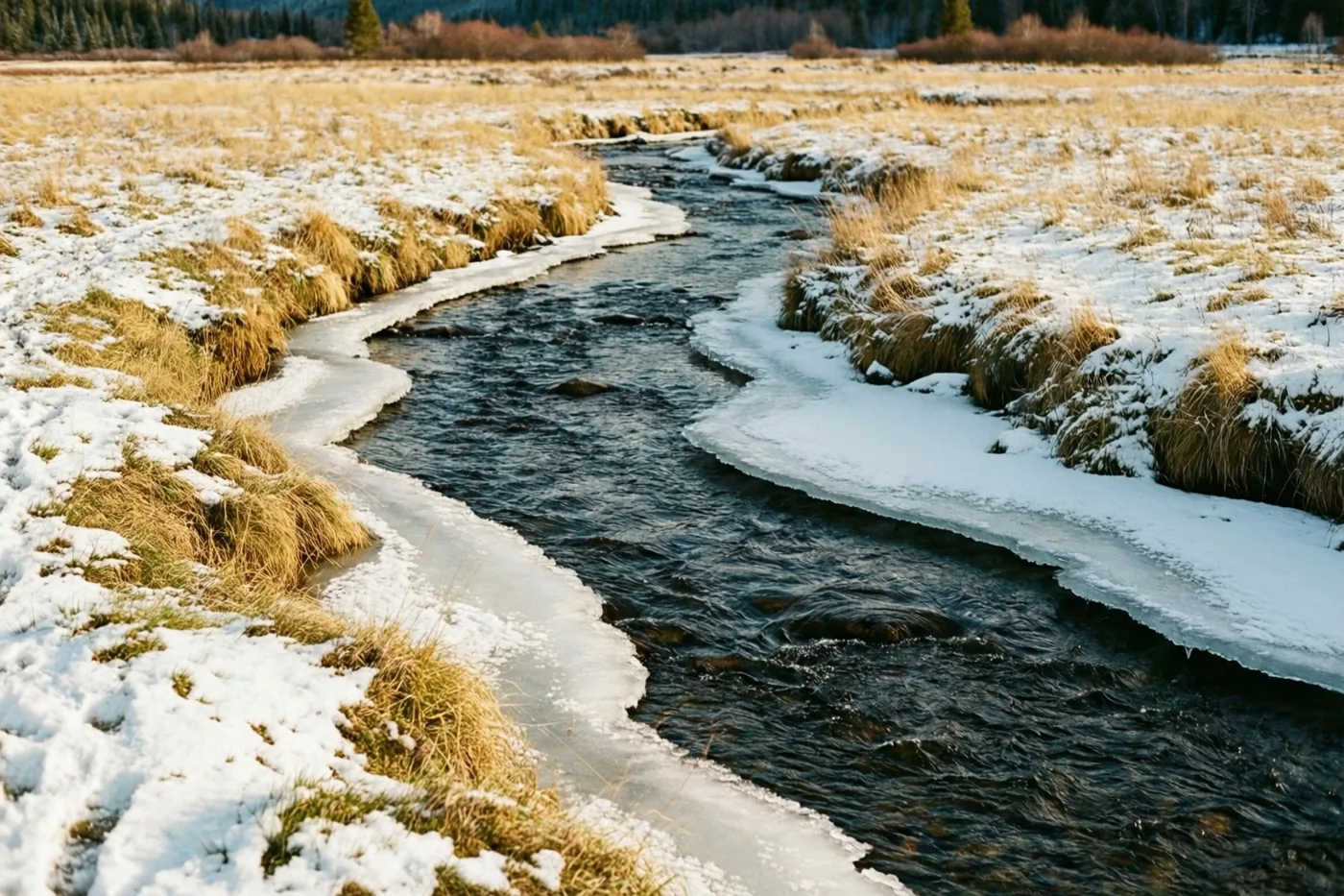 Een beek kronkelt door een besneeuwde weide met ijs langs de oevers en goudbruine grassen in warm zonlicht.