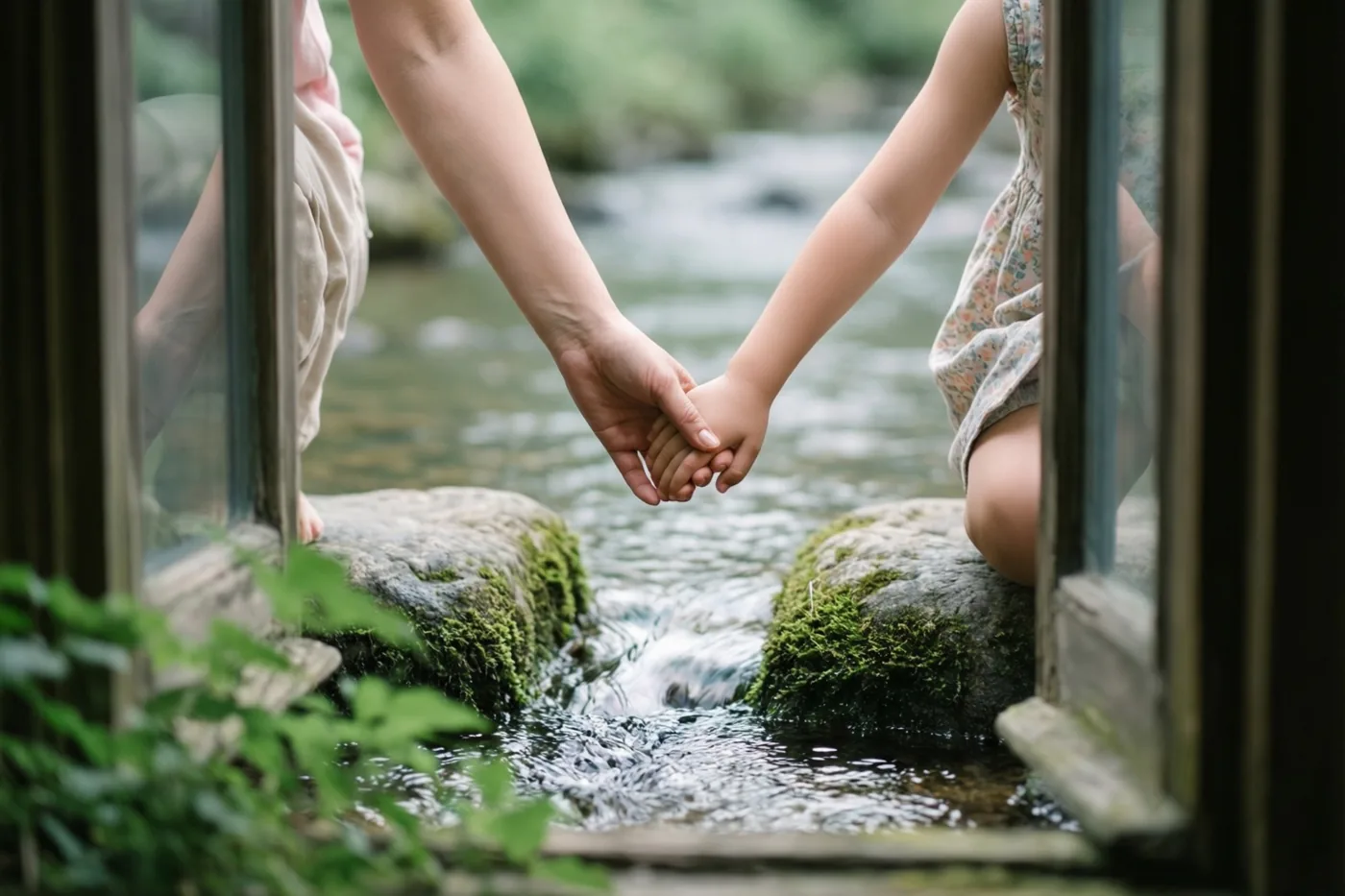 Door een raam met een houten kader zie je een moeder en kind hand in hand op bemoste stenen in een beek staan, omringd door groen.