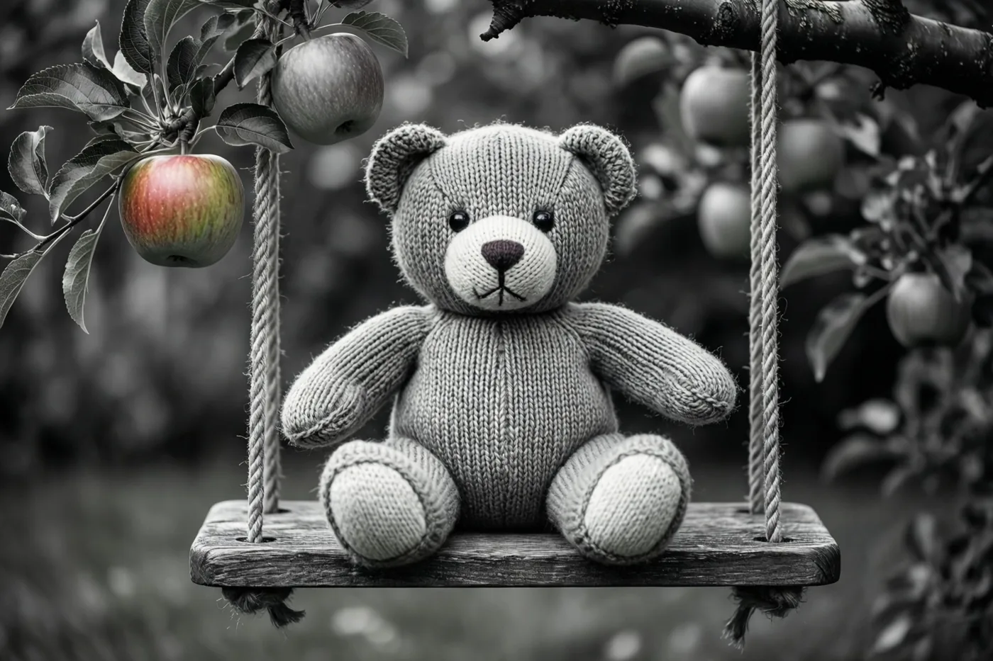 Een handgebreide teddybeer zit op een houten schommel aan een appelboomtak in een zwart-wit beeld waarin één appel zijn kleur behoudt.