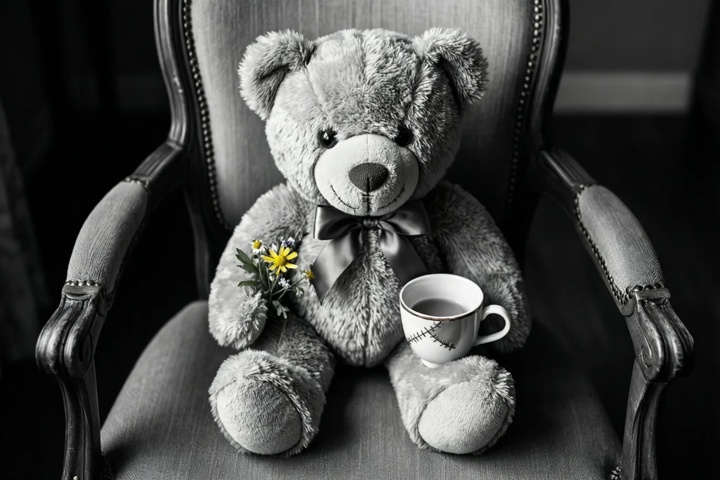Op een zwart-witbeeld zit een grijze teddybeer rechtop in een sierlijke stoel met een boeketje en een witte theekop met stiksels.