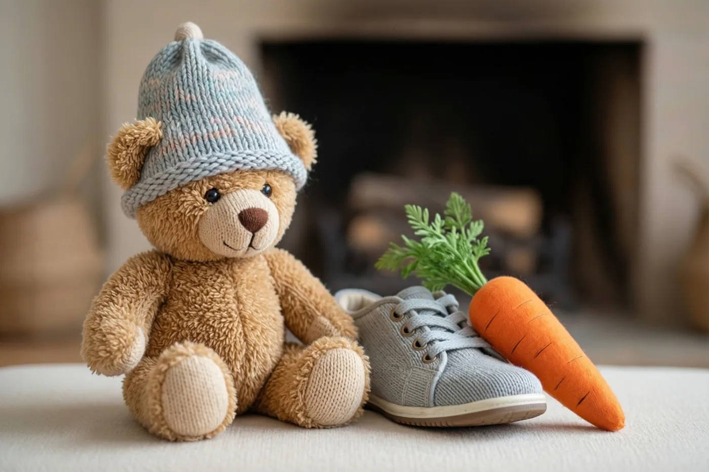 Een teddybeer met een gebreide mijter zit naast een kinderschoen en een wortel op een lichte ondergrond, met een haard op de achtergrond.