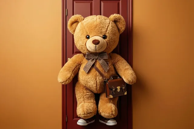 Een grote bruine teddybeer met een gestreept strikje, kleine schoenen en een miniatuuraktetas staat voor een rode deur tussen oranje muren.