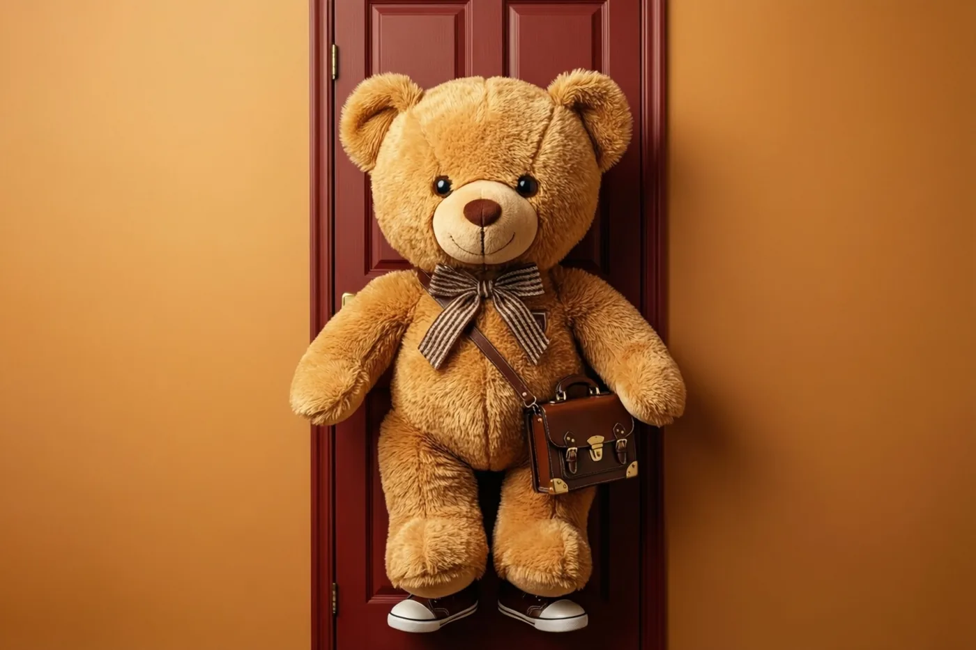 Een grote bruine teddybeer met een gestreept strikje, kleine schoenen en een miniatuuraktetas staat voor een rode deur tussen oranje muren.