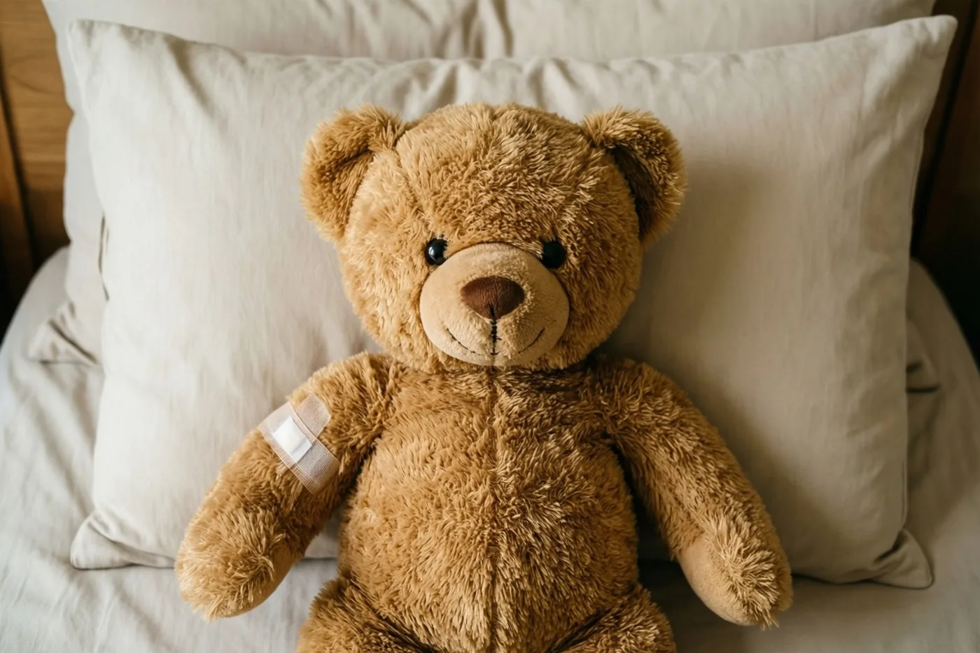 Een bruine teddybeer met een klein verband aan zijn linkerarm zit rechtop op een wit kussen in zacht licht.