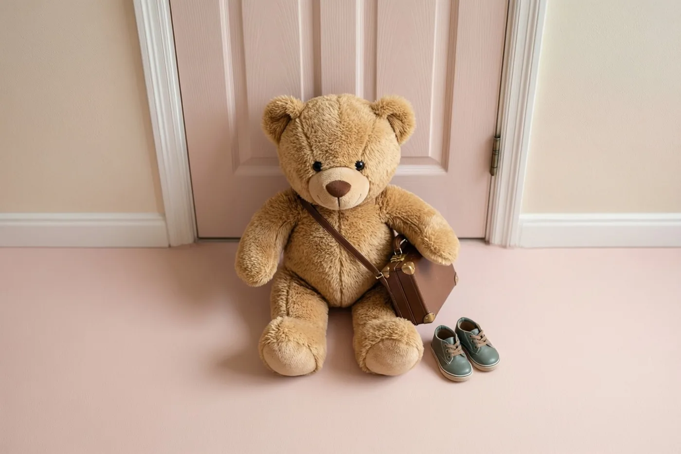 Een teddybeer zit op een roze vloer voor een roze deur met een kleine bruine aktetas in zijn poten en groene schoentjes naast zich.