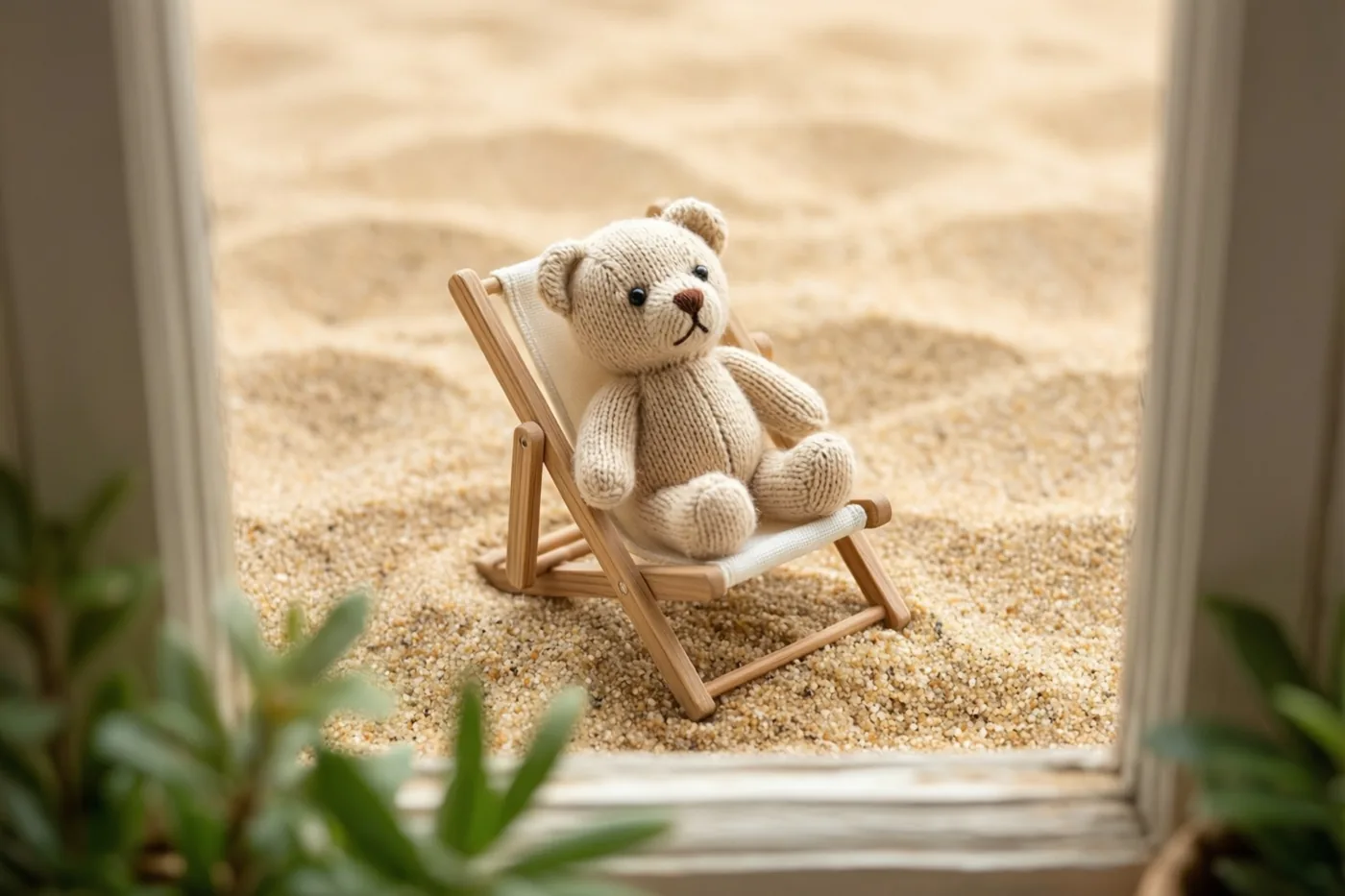 Door een raam is een klein gebreid beertje te zien dat in een houten miniatuurstrandstoel op fijn zand zit in zacht daglicht.