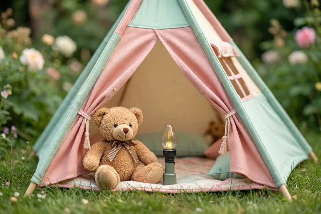 Een kleine roze en mintgroene tipitent staat op het gras in een zomertuin, met een bruine teddybeer met strik en een brandende fakkel bij de ingang en onscherpe bloemen op de achtergrond.