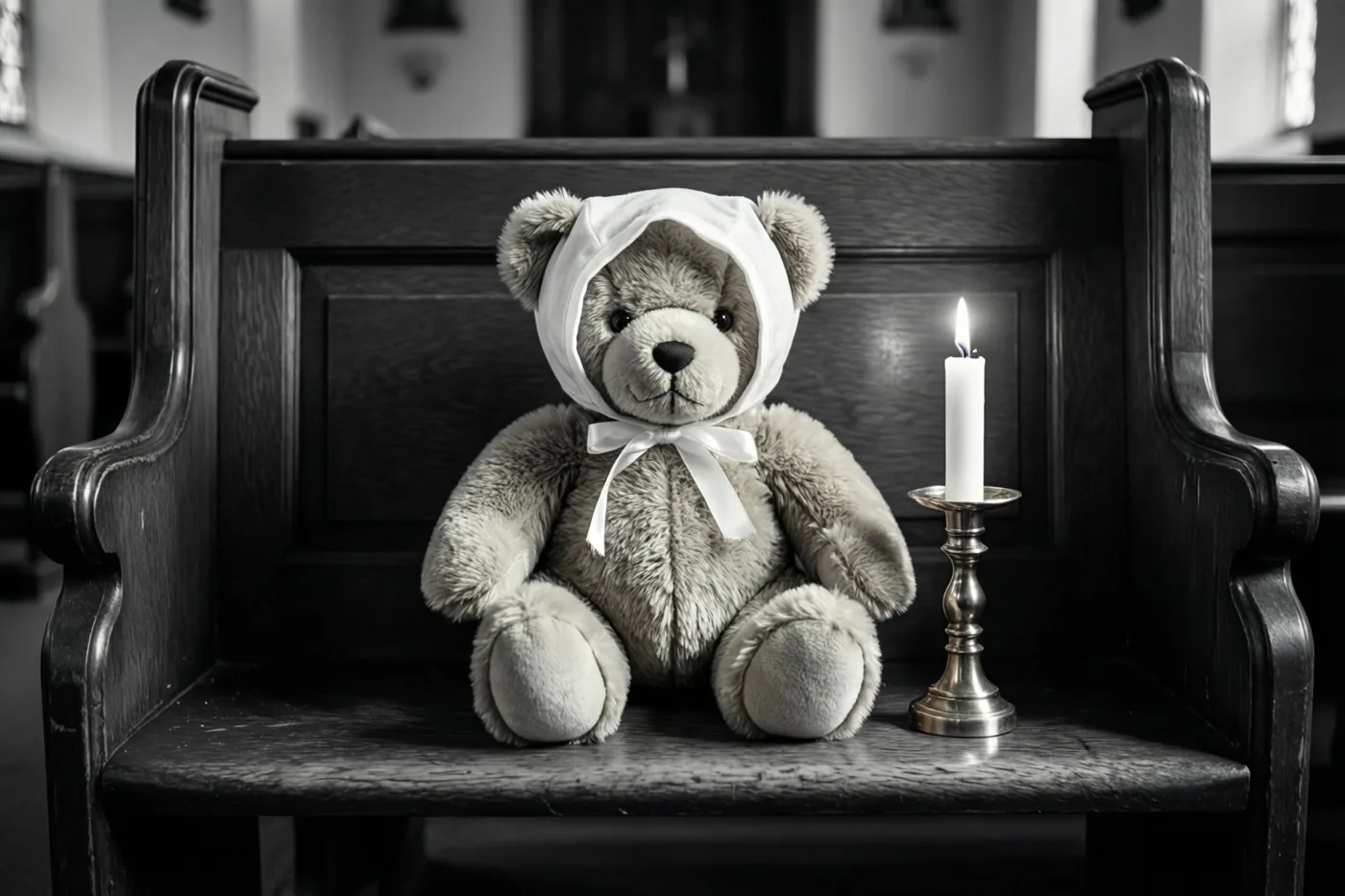 Op een zwart-witfoto zit een knuffelbeer met een wit mutsje op een donkere houten kerkbank naast een brandende doopkaars in een zilveren kandelaar.