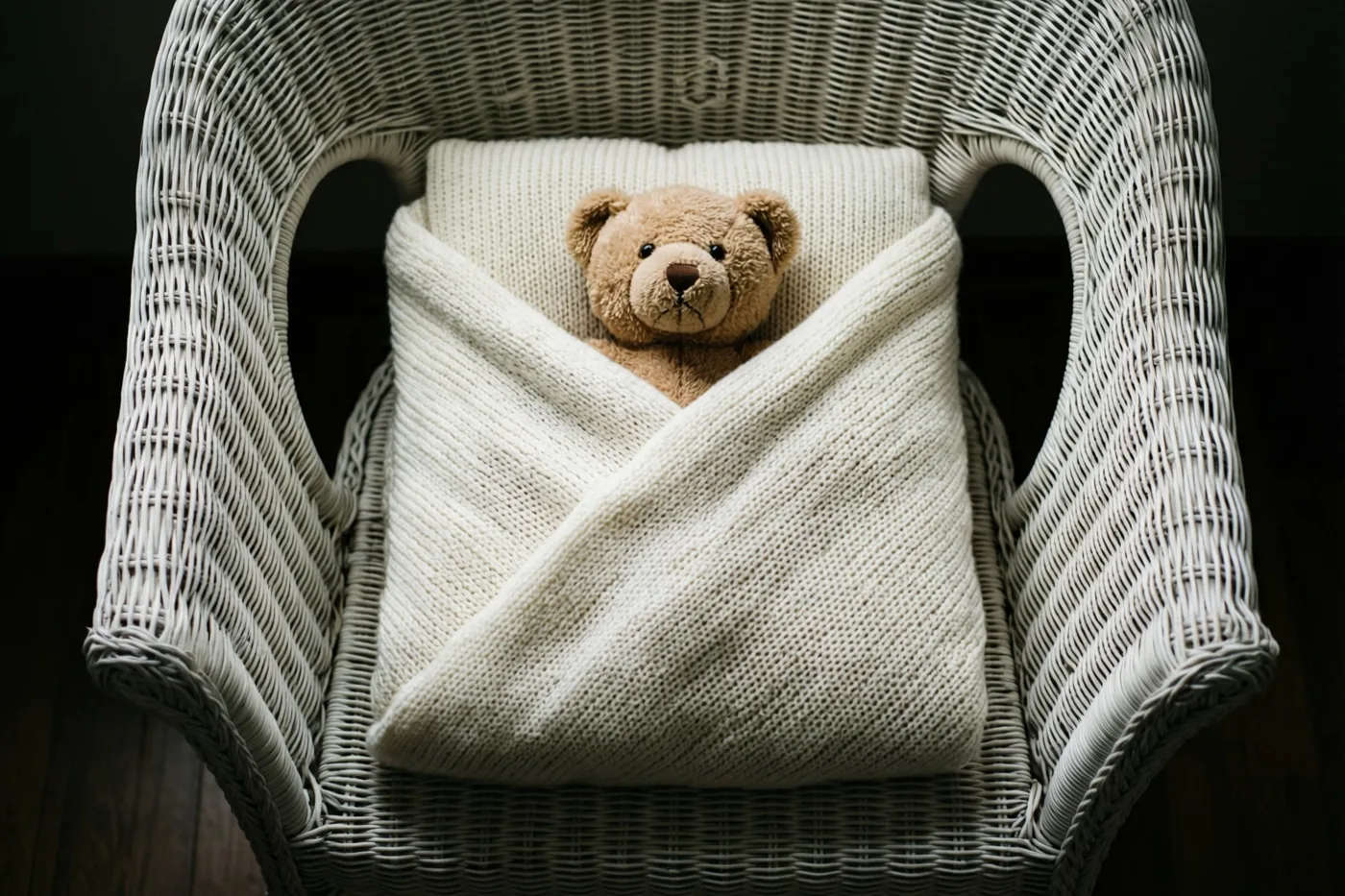 Een kleine bruine teddybeer zit gewikkeld in een crèmekleurige gebreide deken op een witte rieten stoel tegen een donkere achtergrond.