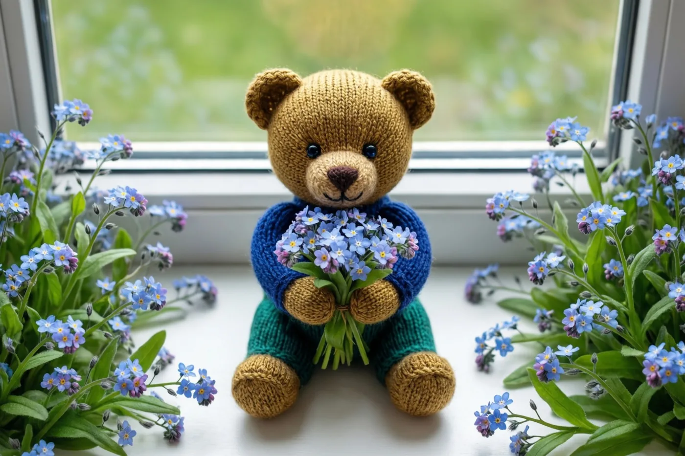 Een gebreid beertje in een blauwe trui en groene broek zit in het zonlicht op een vensterbank met een boeketje blauwe vergeet-mij-nietjes, omringd door dezelfde bloemen.
