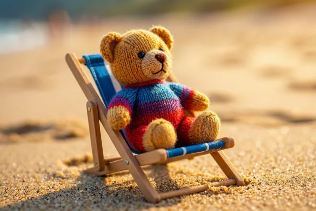 Een klein gebreid beertje met een kleurrijk gestreepte trui zit in een houten miniatuurstrandstoel op goudkleurig zand in warm zonlicht.
