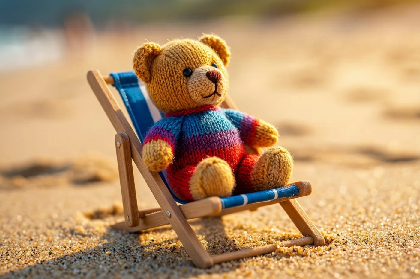Een klein gebreid beertje met een kleurrijk gestreepte trui zit in een houten miniatuurstrandstoel op goudkleurig zand in warm zonlicht.