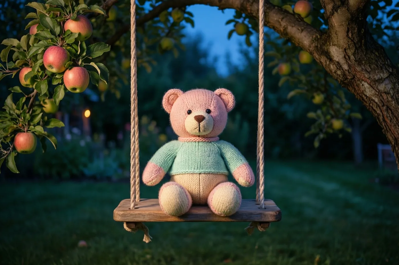 Een handgebreide teddybeer met een lichtgroene trui zit op een houten schommel aan een appelboomtak, met rode appels en een zachtblauwe avondlucht op de achtergrond.