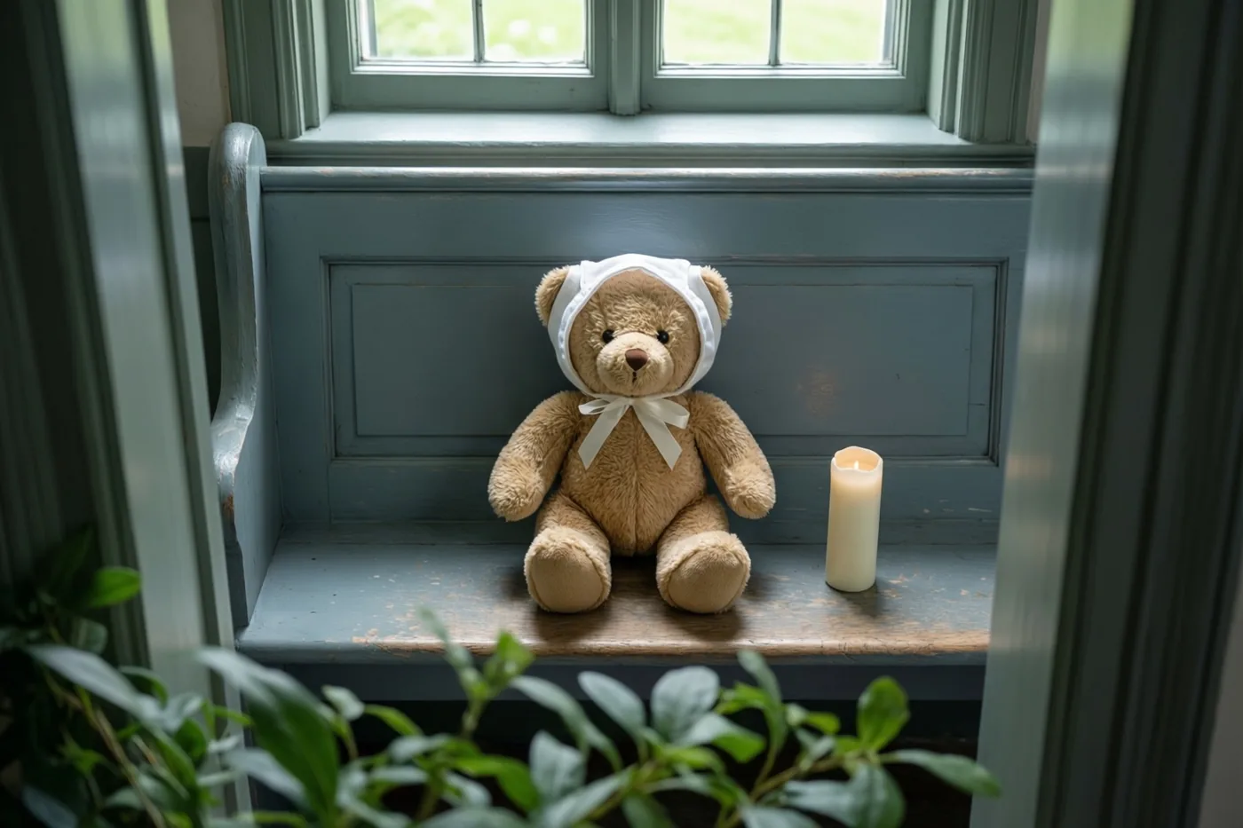 Een bruine knuffelbeer met een wit mutsje zit op een blauw geschilderde houten kerkbank naast een witte doopkaars, gezien door een deuropening met groene planten op de voorgrond.